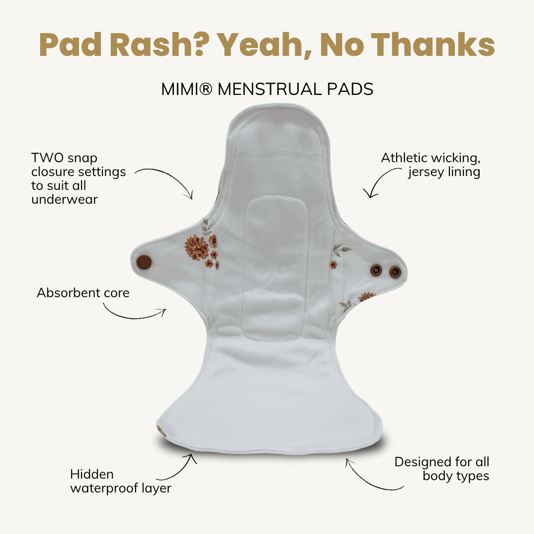 MIMI menstrual pad with features highlighted on a white background