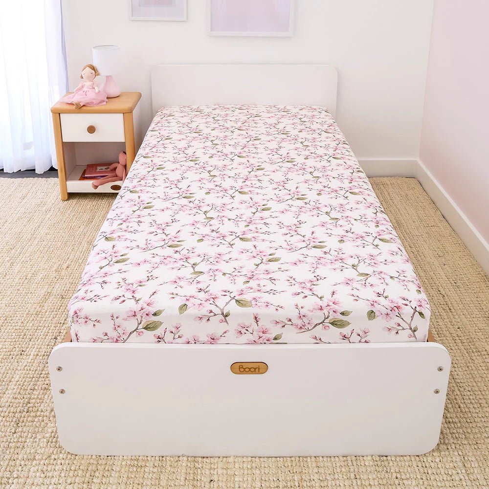 Cherry Blossom Organic Cotton Fitted Sheet - Single Bed - Mimi & Co
