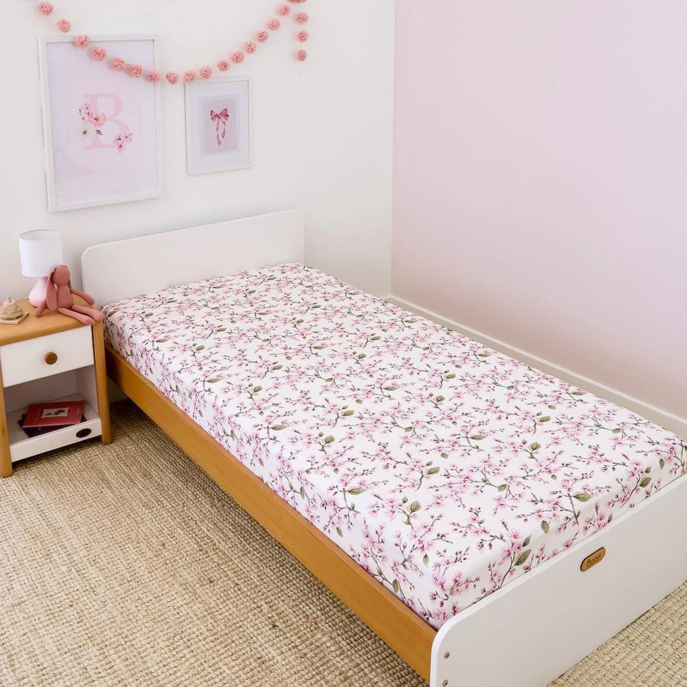 Cherry Blossom Organic Cotton Fitted Sheet - Single Bed - Mimi & Co