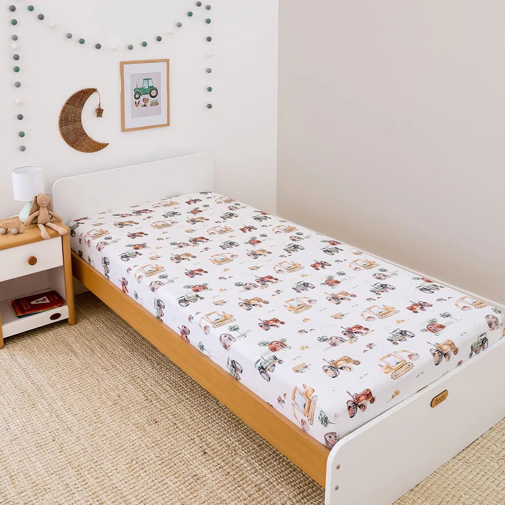 Diggers & Tractors Organic Cotton Fitted Sheet - King Single Bed - Mimi & Co