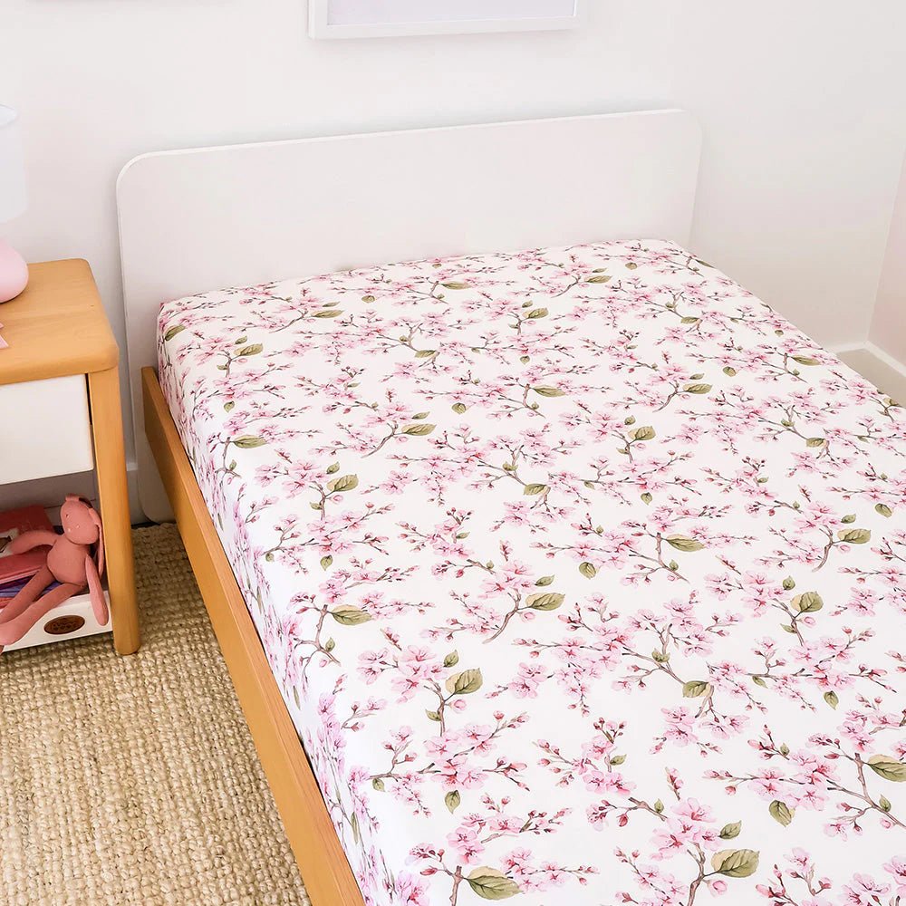 Cherry Blossom Organic Cotton Fitted Sheet - Double Bed - Mimi & Co