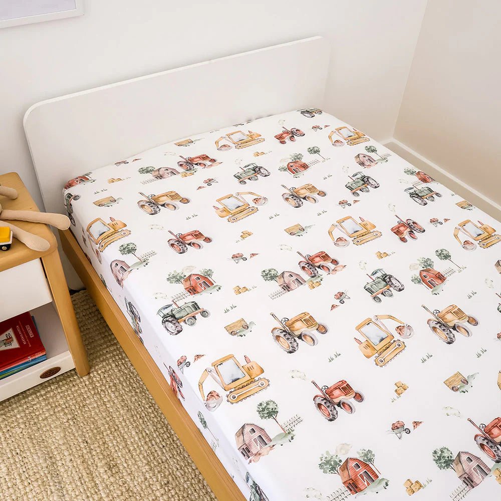 Diggers & Tractors Organic Cotton Fitted Sheet - King Single Bed - Mimi & Co