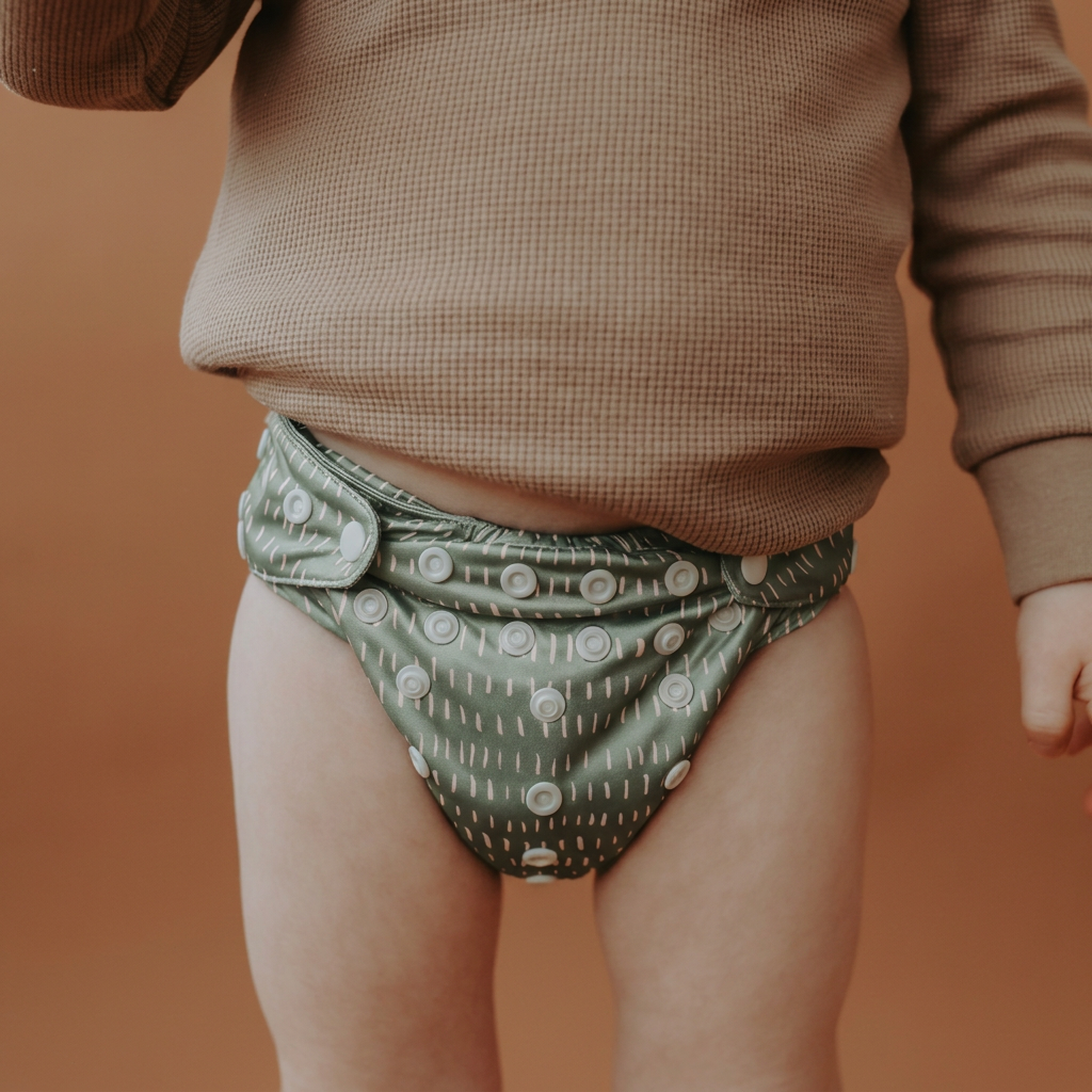 A close-up of a child wearing a sage green reusable cloth diaper with a white dotted pattern and snap closures, paired with a brown waffle-knit long-sleeve top against a warm brown background.
