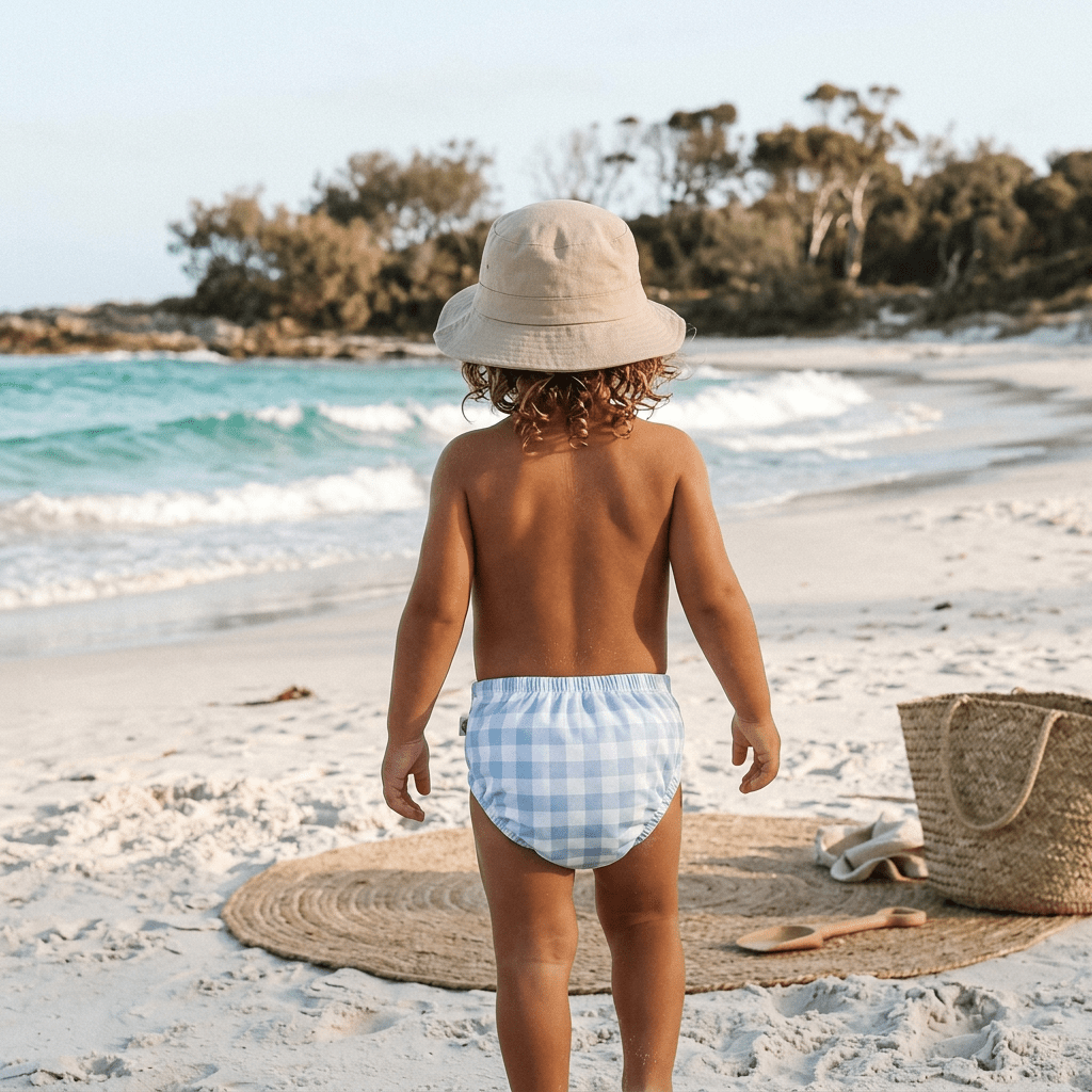 One - Size Reusable Mimi® Swim Nappy | Blue Gingham [Ships Mid May] - Mimi & Co