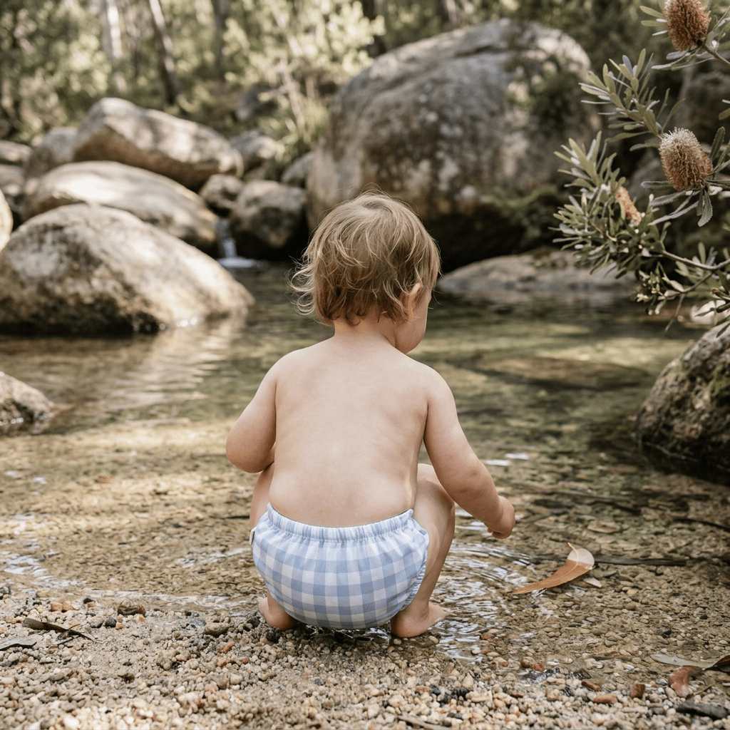 One - Size Reusable Mimi® Swim Nappy | Blue Gingham [Ships Mid May] - Mimi & Co